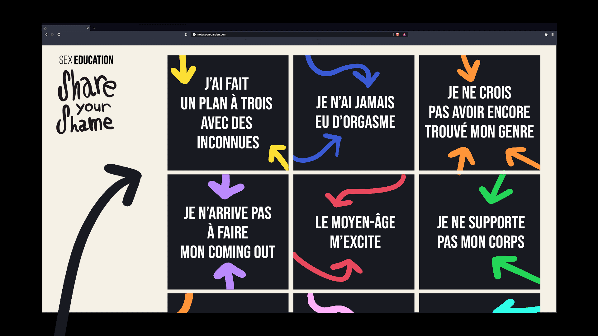 site web avec plusieurs "Shame" d'écrit, par exemple :" j'ai fait un plan à trois avec des inconnues" ou "me moyen-âge m'excite"